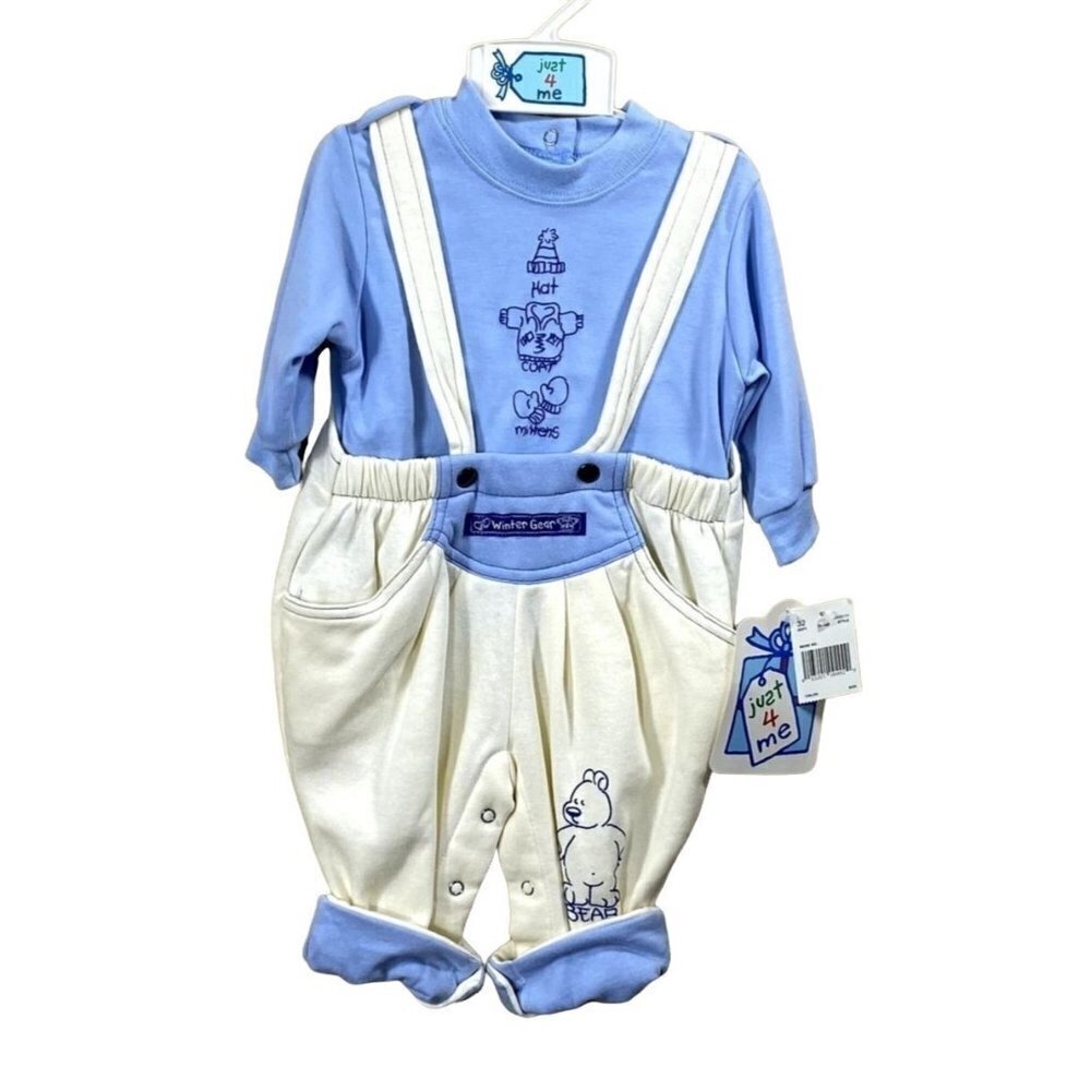 NWT Just 4 Me Overall T-Shirt Set Blue Cream Bear Size 3/6 Months